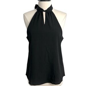 Women's Elegant Georgette Front and Back Keyhole Tie Neck Halter Top, Black Sz M